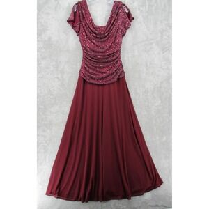 R&M Richards Dress 8 Burgundy Sequin Bodice Cowl Gown Evening Formal Back Zip